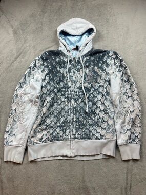 Y2K Christian Audigier Zip-up Hoodie All Over Snake Scale Print Blue Satin Lined